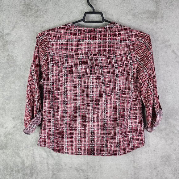 Women's Notations Red & Black Plaid Button-Down Blouse Top Roll Rab Sleeves L - Picture 7 of 11